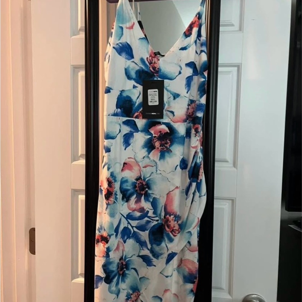 Fashion Nova Blue and Pink Floral Midi Dress